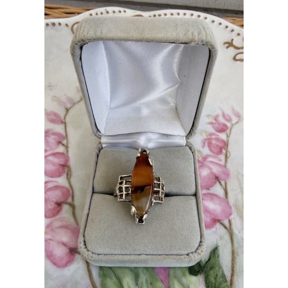 Vintage 60s Modernist Sterling Silver Dendritic Montana Agate Ring Sz 8 3/4